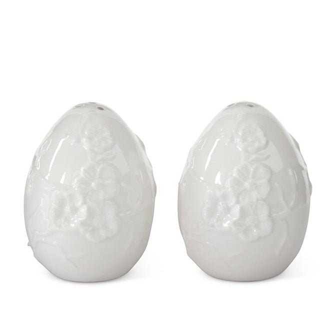 Set of 2 White Dolomite Flower Embossed Egg Salt & Pepper Shakers
