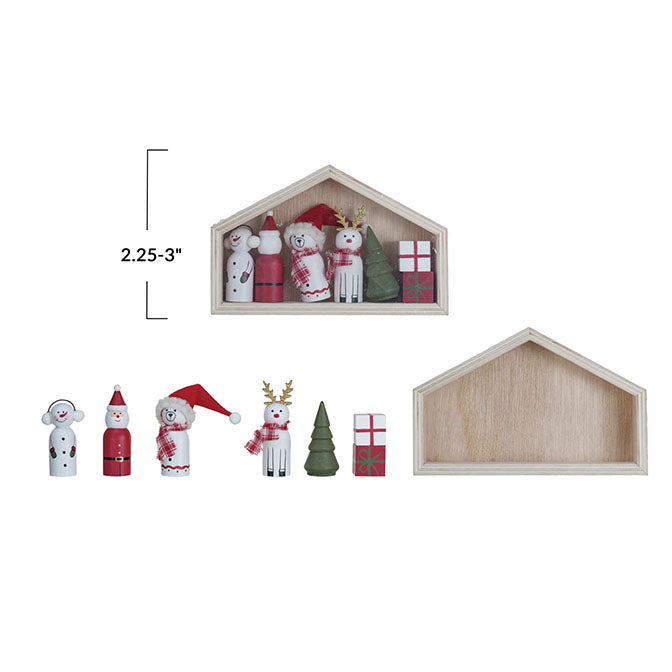 Wood Holiday Icons in House, Boxed Set of 8