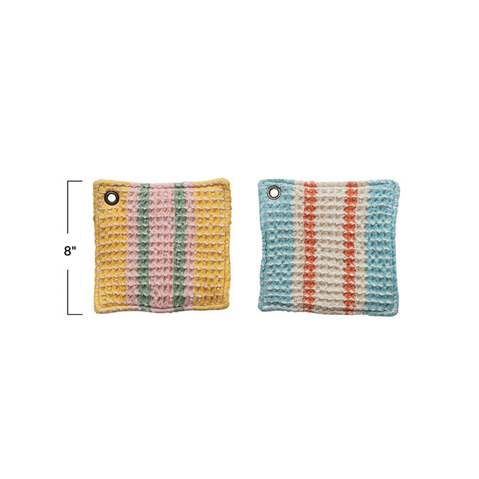 Woven Cotton Waffle Weave Pot Holder w/ Stripes & Metal Grommet, 2 Styles