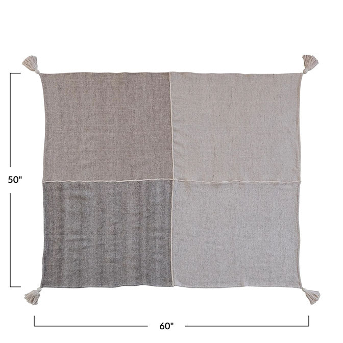 60"L x 50"W Woven Wool Blend Patchwork Throw w/ Tassels & Grey