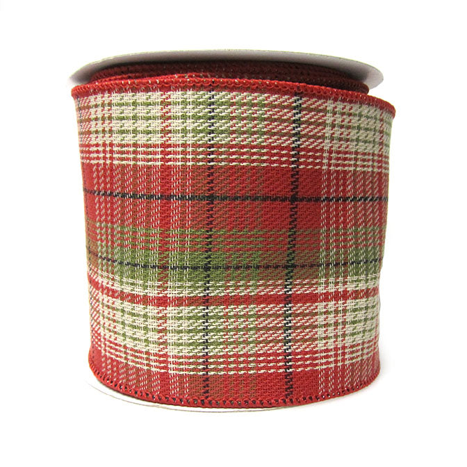 4" Red & Green Plaid Twill Weave Linen Ribbon