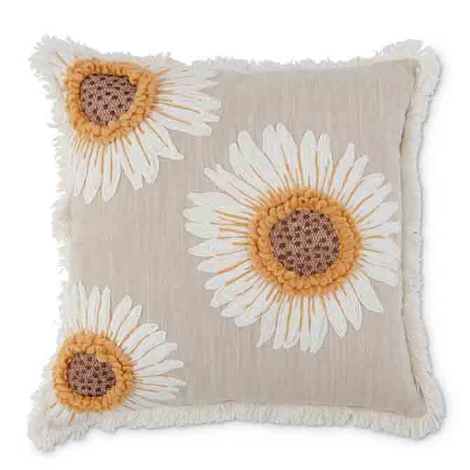 18 Inch Square Tan Linen Pillow w/Embroidered Sunflower