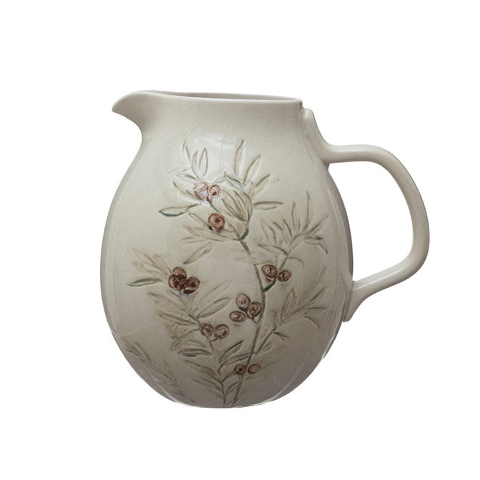 3 Quart Debossed Stoneware Pitcher w/ Olive Branch