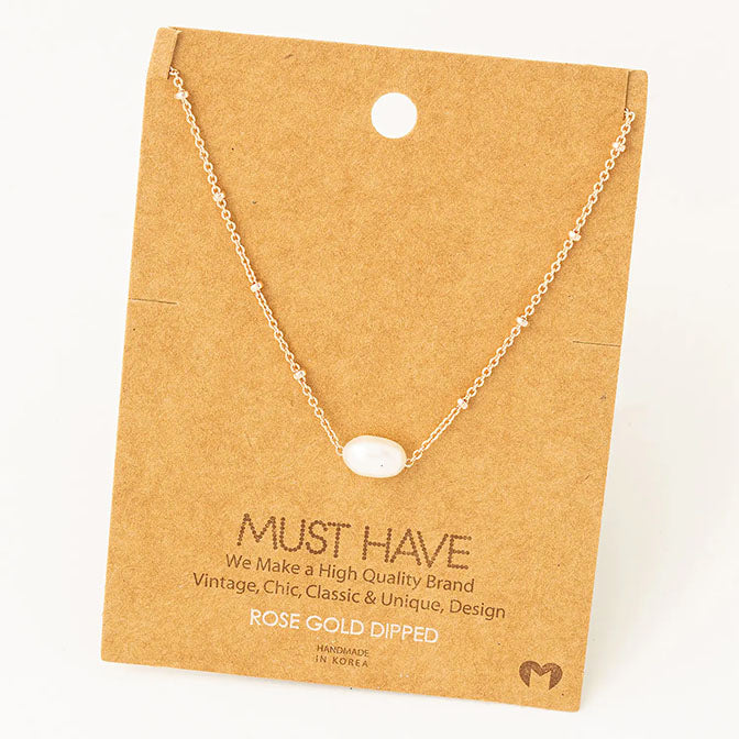 Chain Link Pearl Charm Necklace-Rose