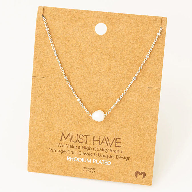 Chain Link Pearl Charm Necklace-Silver