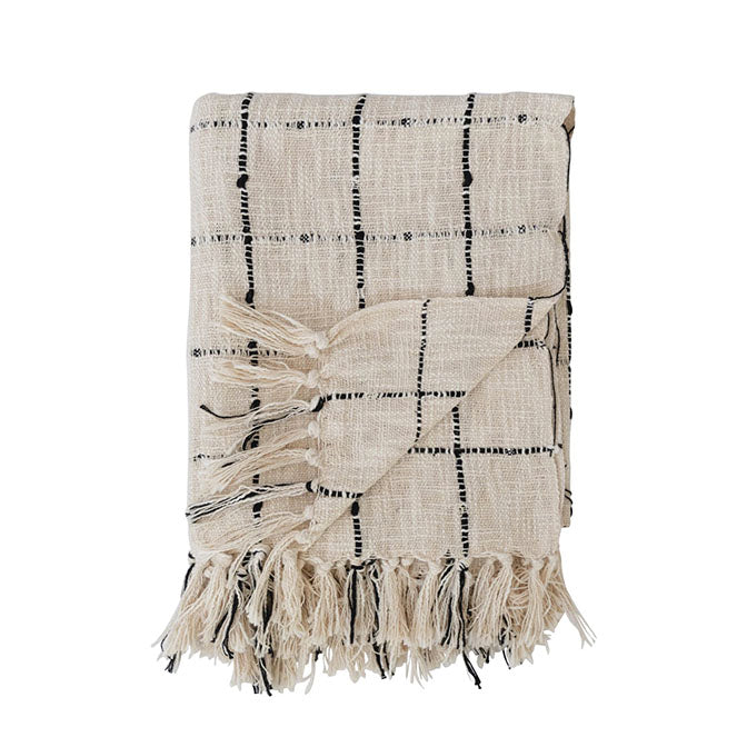 Woven Cotton Slub Throw w/ Grid Pattern & Fringe