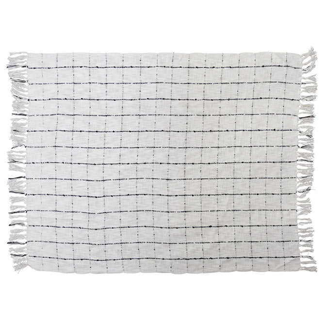 Woven Cotton Slub Throw w/ Grid Pattern & Fringe