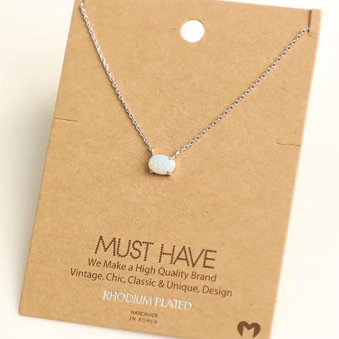 Dainty Opal Stone Pendant Necklace-Silver