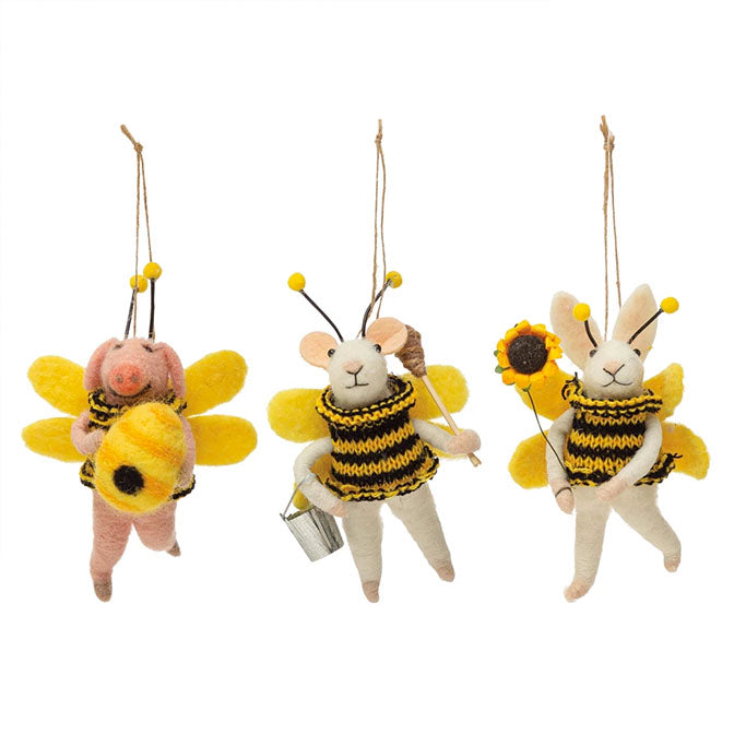 Wool Felt Animals in Bee Suit Ornament