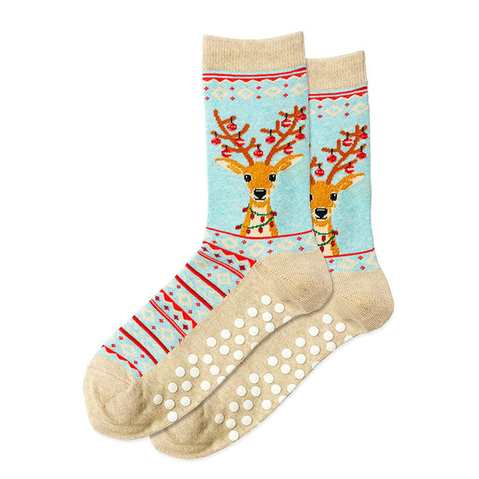 Fuzzy Reindeer Non-Skid Crew Socks
