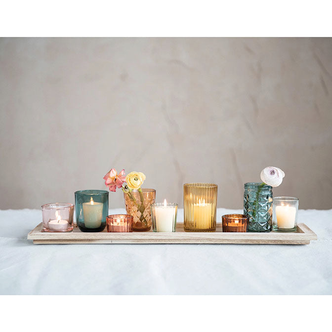 7 Pc Wood Tray Glass Votive Set