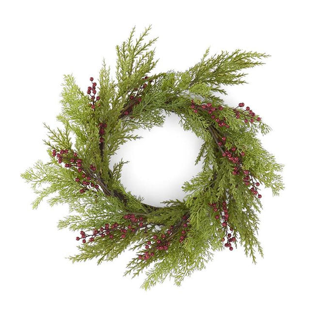20 Inch Juniper & Cypress Pine Wreath w/Red Berries
