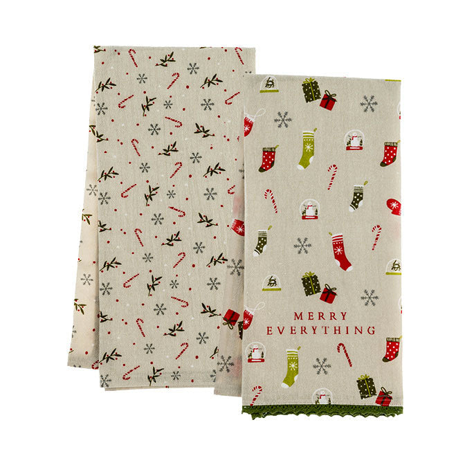 Merry Everything Flour Sack Tea Towels with Charm - Set of 2