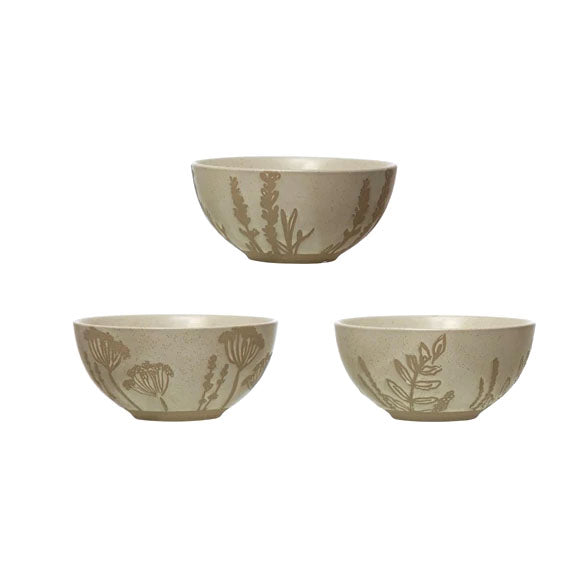 Stoneware Bowl with Wax Relief Botanical Image, Reactive Glaze