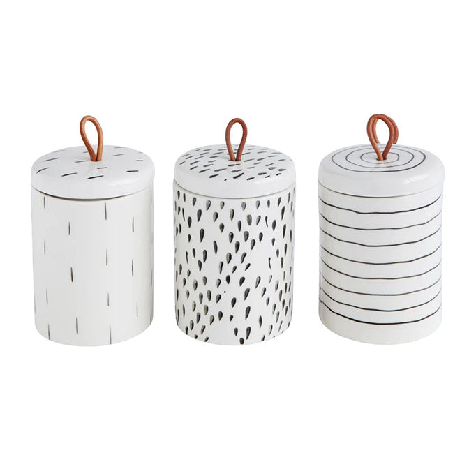 Container with Lid and Leather Pull, 3 Styles