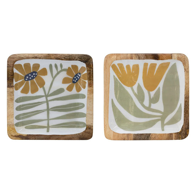 Enamel Mango wood Plate with Flowers