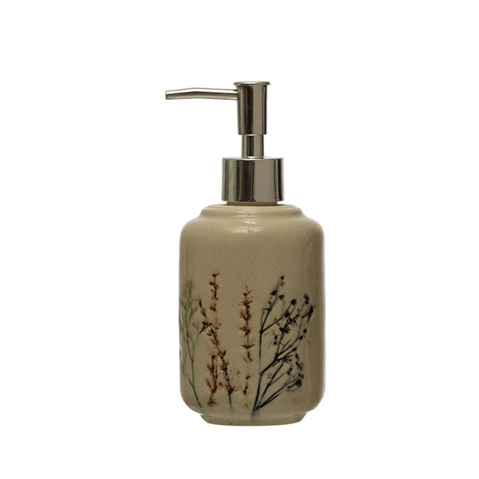 Debossed Stoneware Floral Soap Dispenser, Reactive Crackle Glaze
