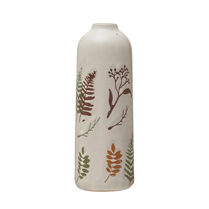Stoneware Vase w/ Wax Relief Botanical Image, Reactive Glaze