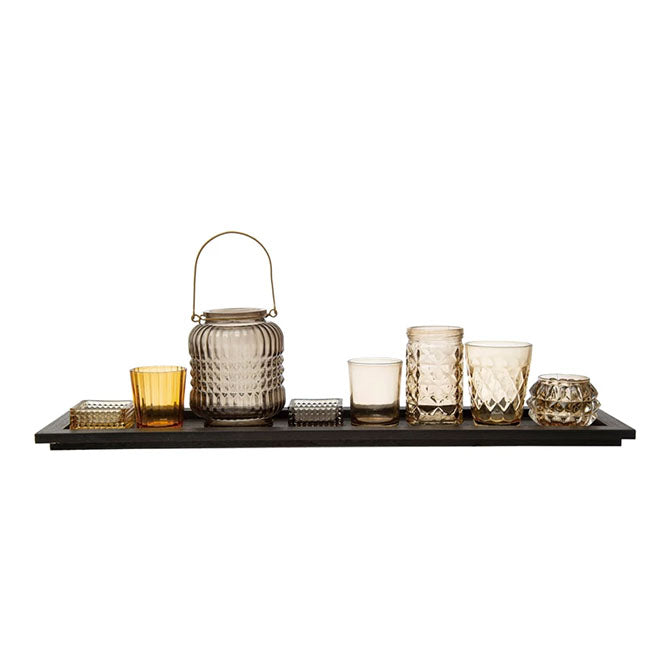 Embossed Glass Tealight/Votive Holders with Black Finish Wood Tray