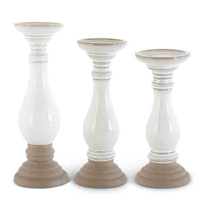 Set of 3 White Ceramic Candleholders w/Unglazed Base
