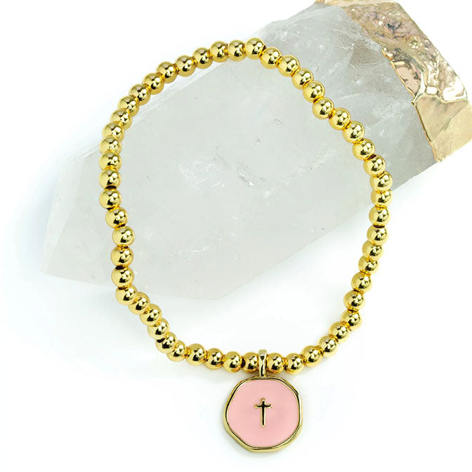 Gold Plated Tiny Cross Bracelet - Pink