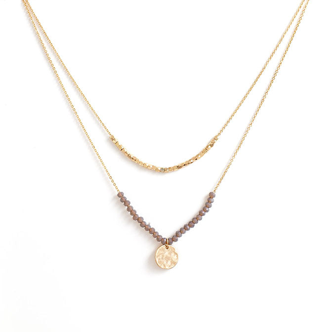 Delicate Double Layer Crystal and Pendant Necklace-Grey