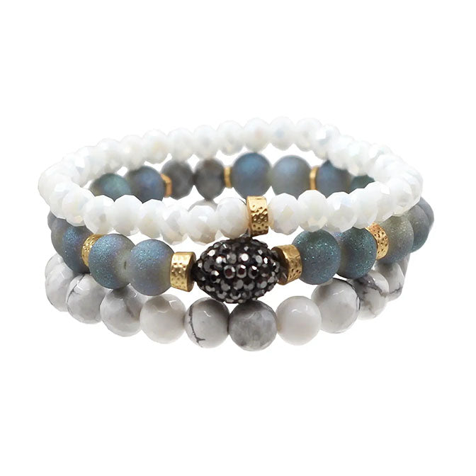 Stone & Crystal Bracelet Set-White