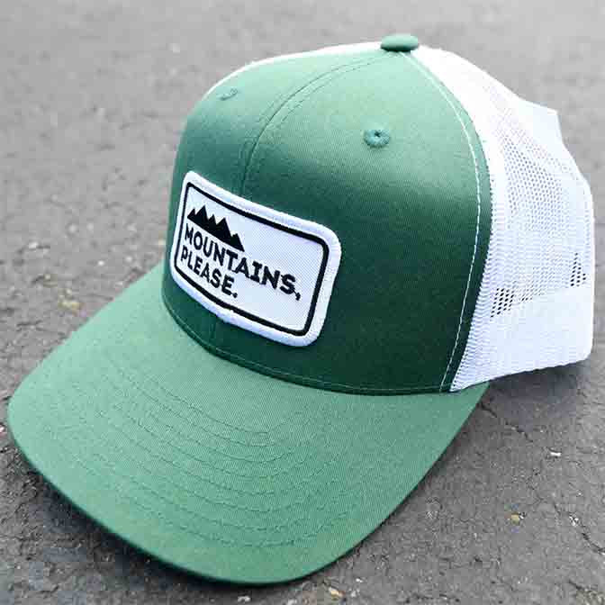 Kelly Green and White Mountains Please Trucker Hat