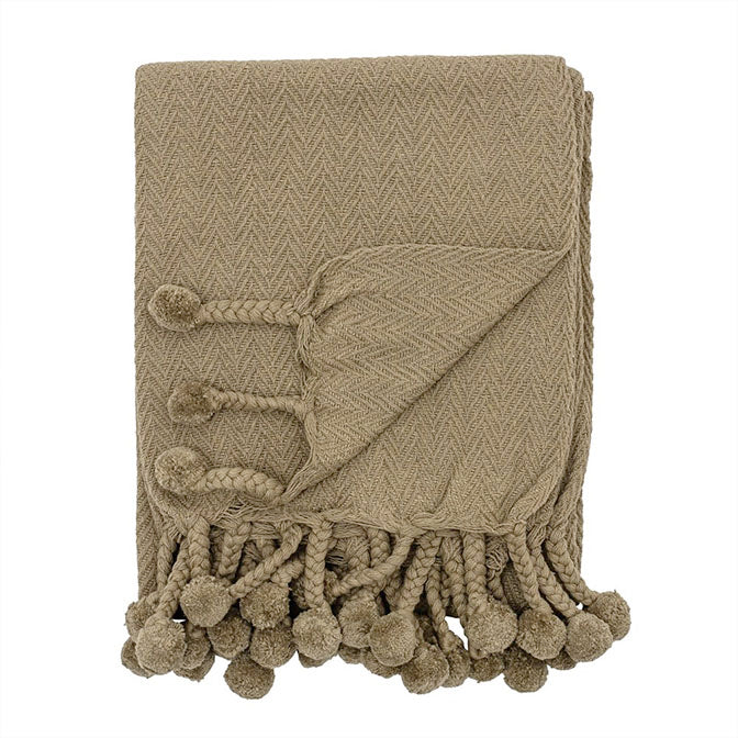 Green Cotton Throw with Braided Pom Poms