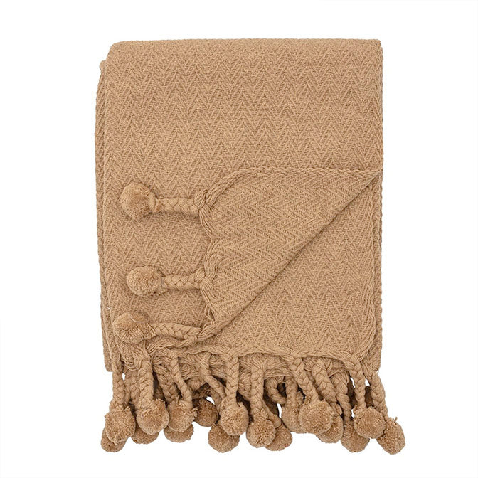 Iced Coffee Cotton Throw with Braided Pom Poms