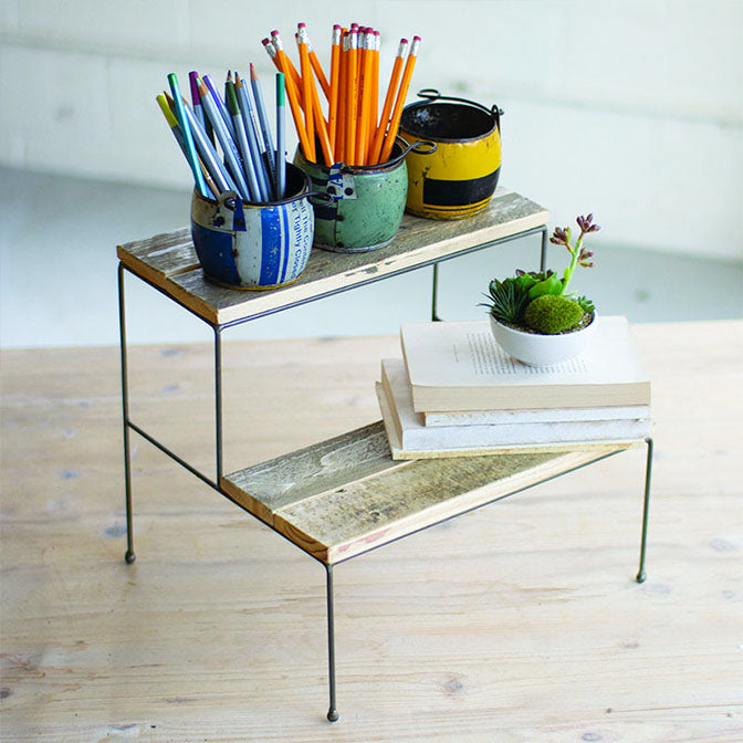 Two Tiered Recycled Wood & Metal Display Stand