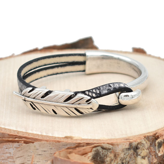 Feather Half Cuff Black Snake Leather Bracelet