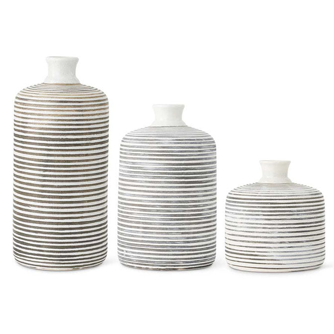 White Crackle & Gray Striped Ceramic Vases w/Fluted Neck