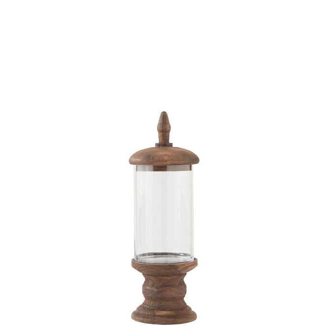 Glass Cylinder Container w/Brown Wood Base Pedestal & Top