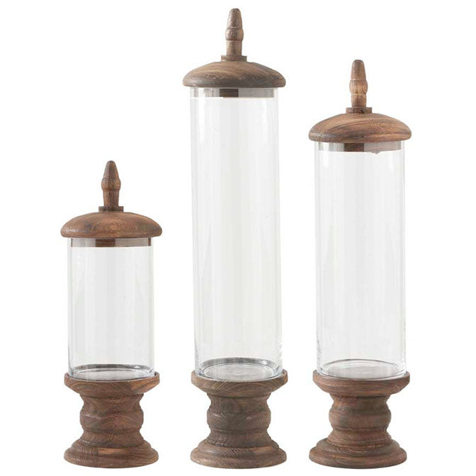 Glass Cylinder Container w/Brown Wood Base Pedestal & Top