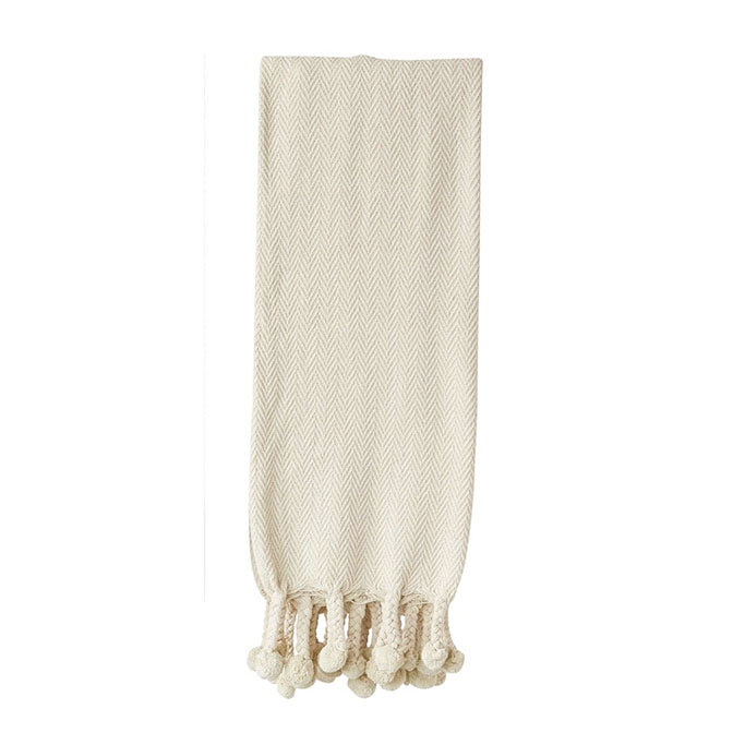 Cream Cotton Throw with Pom Poms