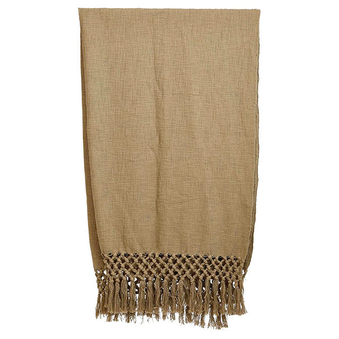 Olive Woven Cotton Throw with Crochet & Fringe