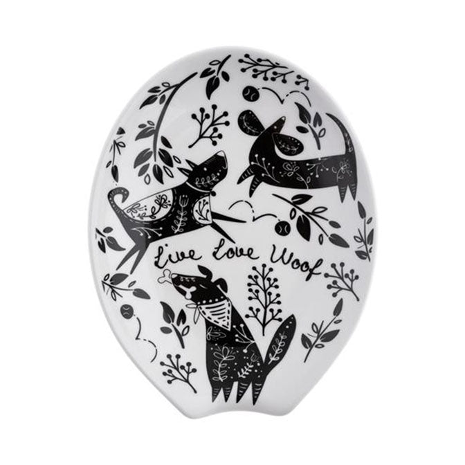 Boho Dogs Black & White Ceramic Spoon Rest