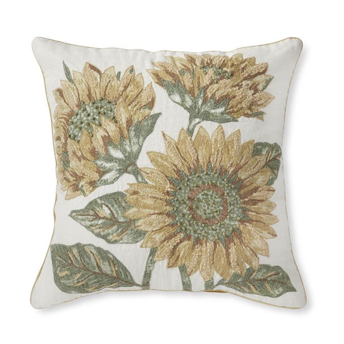 19.5 Inch Sunflower Embroidered Square Pillow w/Poly Fiber Filler