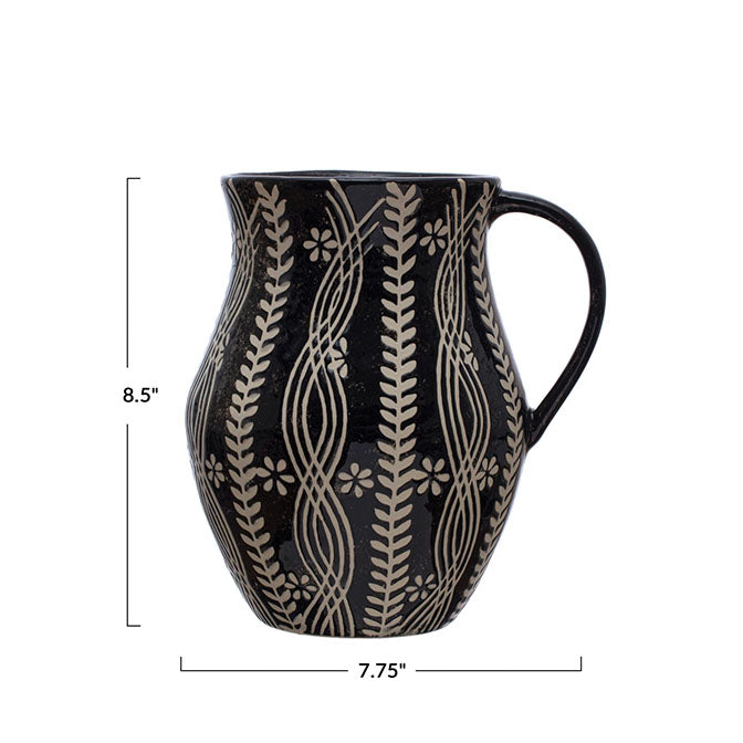 2-1/2 Quart Stoneware Pitcher w/ Wax Relief Floral Pattern (Each One Will Vary)