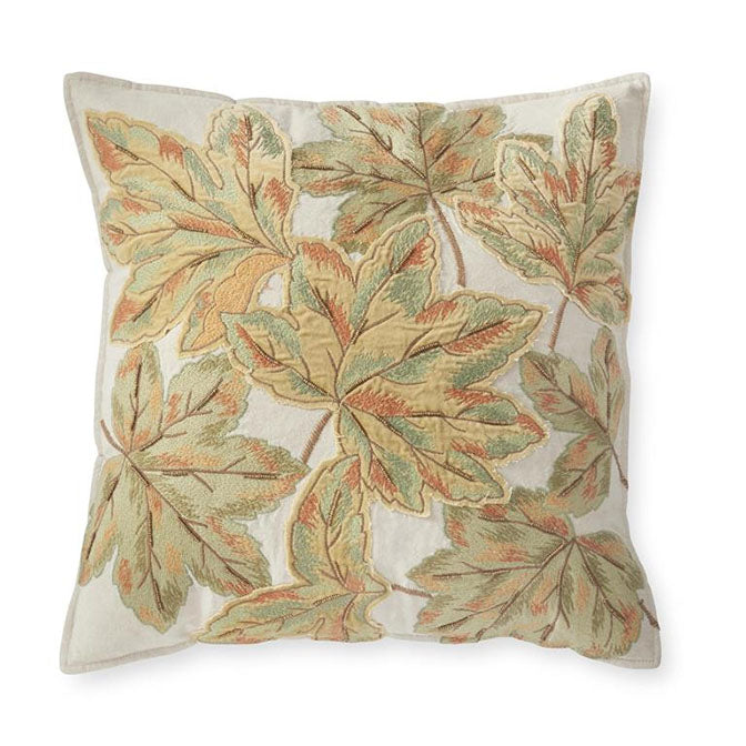 20 Inch Green w/Rust Embroidered & Beaded Leaf Square Pillow