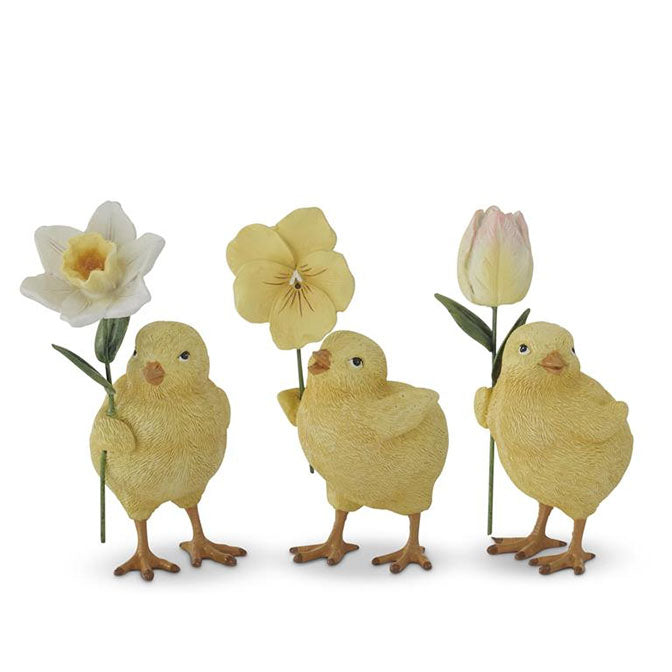 Assorted 4.5 Inch Resin Chicks w/Flowers (3 Styles)