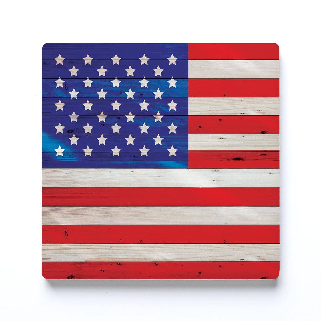 Ceramic Square Coaster-Wooden American Flag