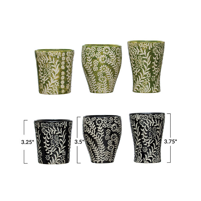 6 - 7 oz. Stoneware Cup w/ Wax Relief Floral Pattern, 6 Styles (Each One Will Vary)