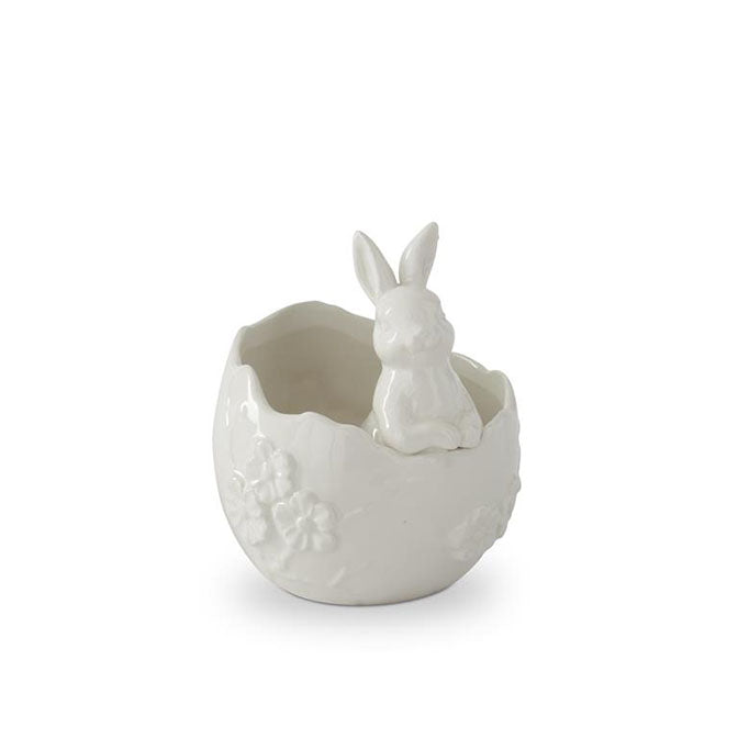 6 Inch White Ceramic Flower Embossed Egg Container w/Easter Bunny