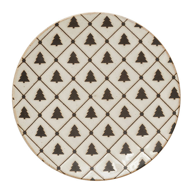 6" Round Stoneware Plate with Tree Pattern, Reactive Glaze, White and Black