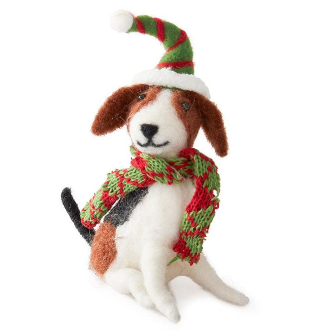 6 Inch Wool Dog w/Striped Elf Hat Ornament