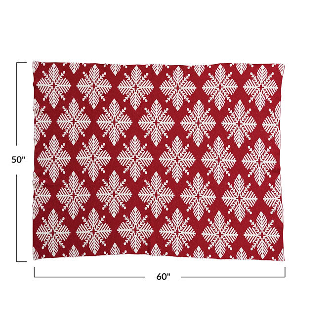 60"L x 50"W Two-Sided Cotton Knit Slub Throw w/ Snowflake Pattern, Red & White