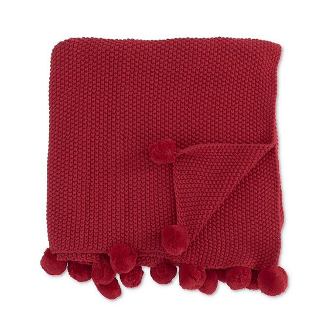 60 Inch Red Moss Stitch Knit Throw w/Pompom Trim