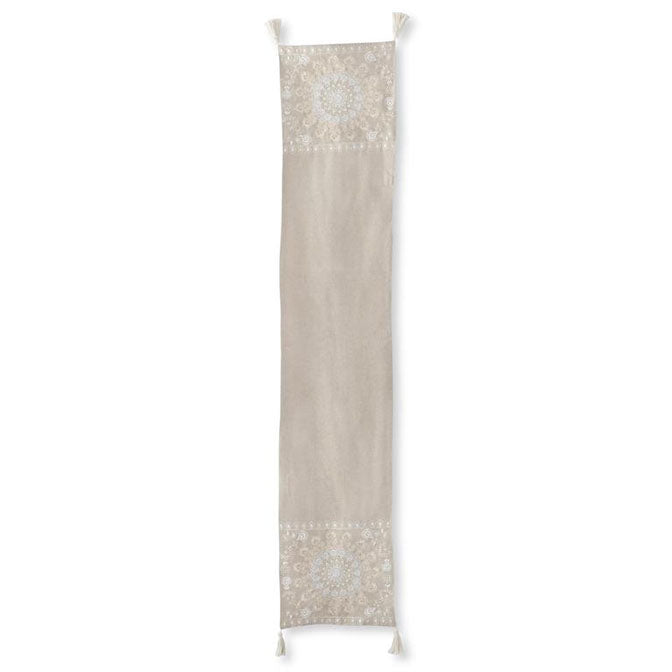 72 Inch Tan Medallion Embroidered Table Runner w/Tassels